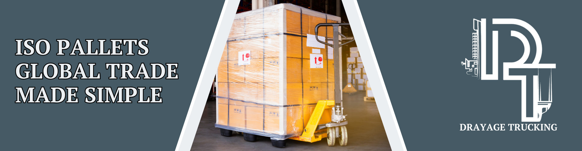 Blog banner showcasing a shrink-wrapped ISO pallet on a yellow pallet jack with 'ISO PALLETS GLOBAL TRADE MADE SIMPLE' overlaid and 'DRAYAGE TRUCKING' logo to the right.