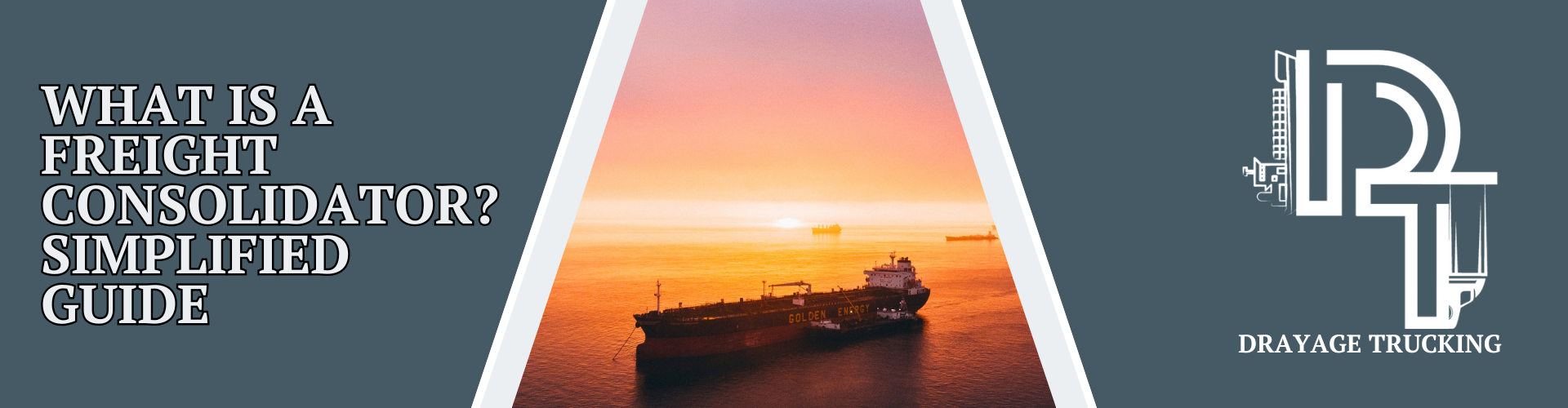 Cargo ship at sea during sunset with container crane lifting a green shipping container, alongside the text "What Is a Freight Consolidator? Simplified Guide"