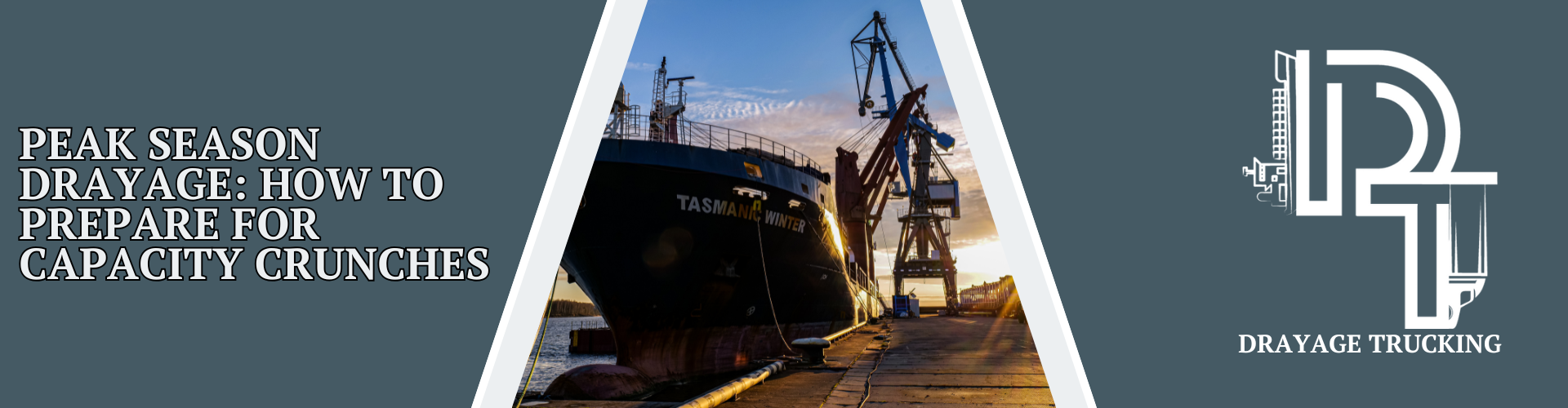 Cargo ship docked at sunset with cranes loading containers, symbolizing peak season drayage operations and preparation for freight capacity challenges.